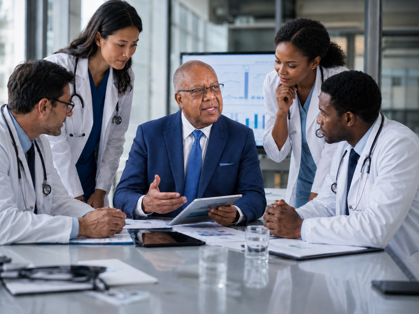 Physician leadership team reviewing financial strategy.
