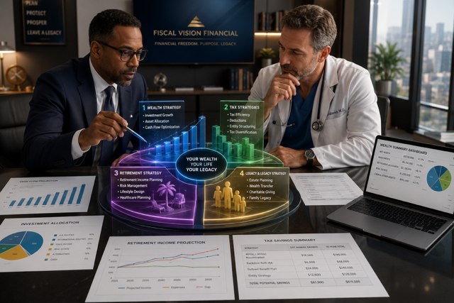 Advisor and physician reviewing an integrated wealth strategy dashboard covering investment, tax, retirement, and legacy planning.