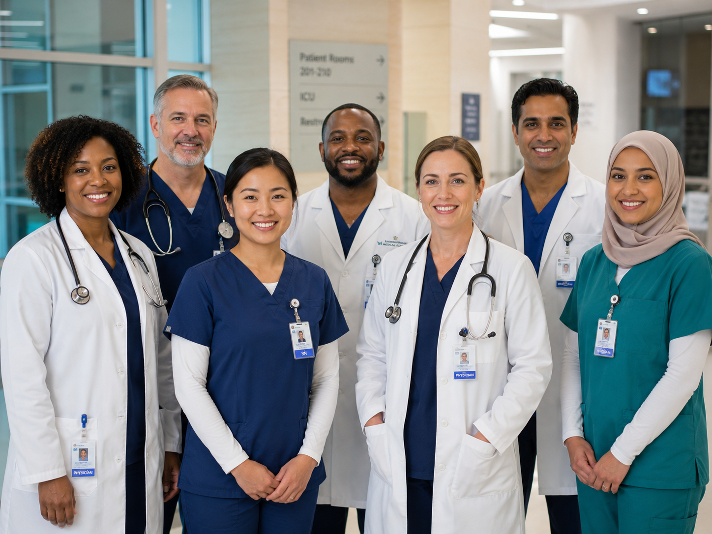 A diverse team of physicians and medical staff in a hospital setting, representing the range of medical professionals Elite Physician Wealth Planning serves.